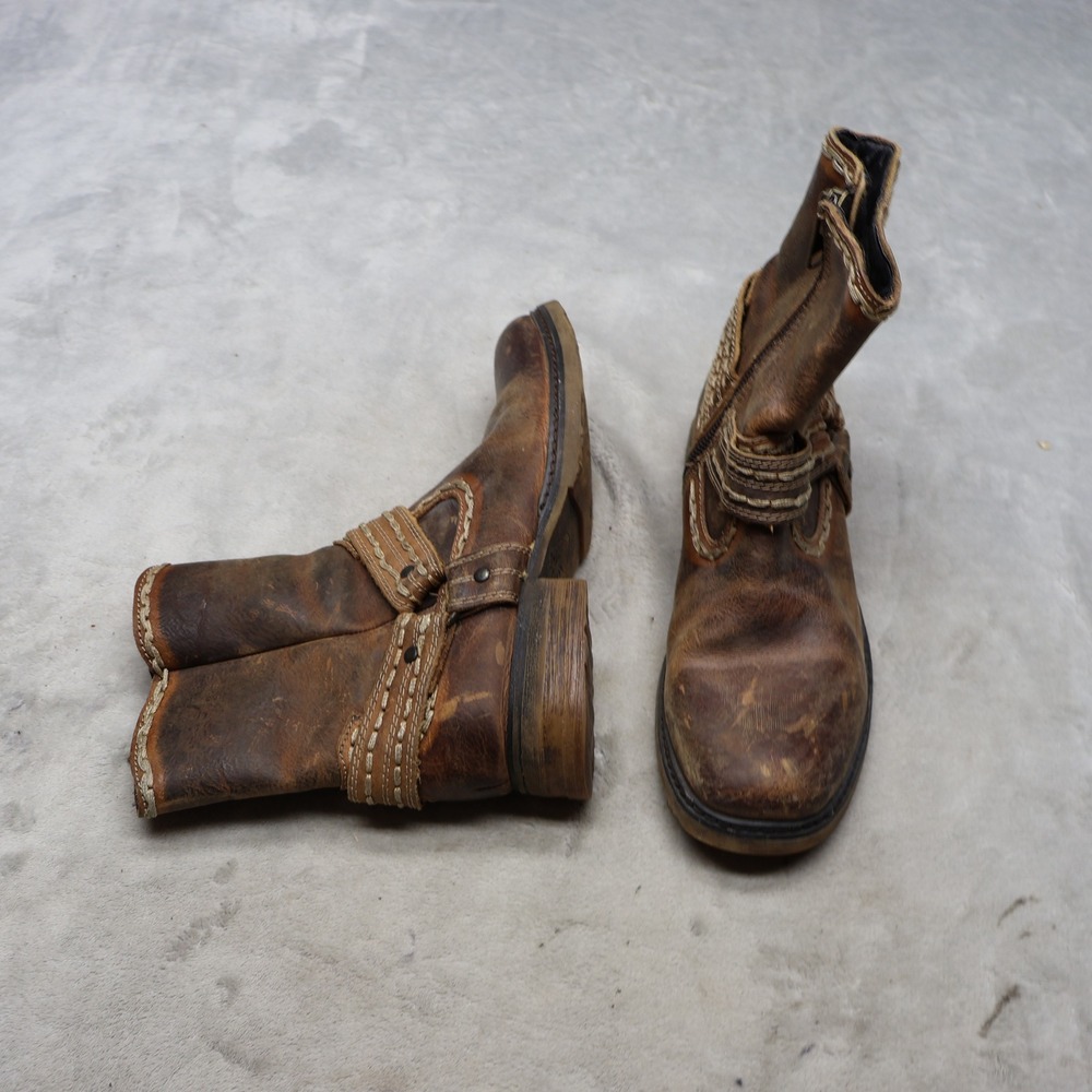 Bed Stu Mens 8 Work Boots Brown Leather Harness Side Zip Rugged Combat Biker